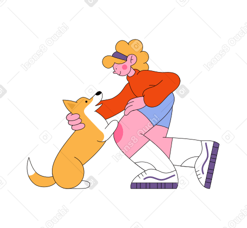 Girl petting corgi dog Illustration in PNG, SVG