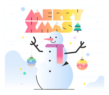 Merry Christmas text and snowman holding Christmas tree balls on a winter background PNG, SVG