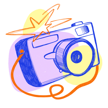 Синяя камера со вспышкой на оранжевом ремешке в PNG, SVG