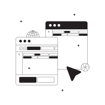 Two browser windows with panels and select arrow PNG, SVG