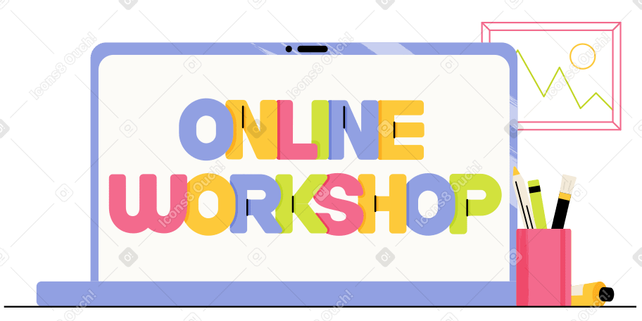 Workshop on-line de letras em laptop com texto de copo de lápis PNG, SVG