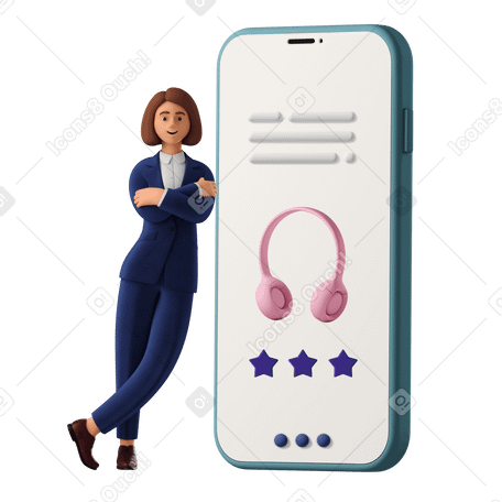 3D Frau im blauen anzug lehnt am telefon mit offenem online-shopping PNG, SVG