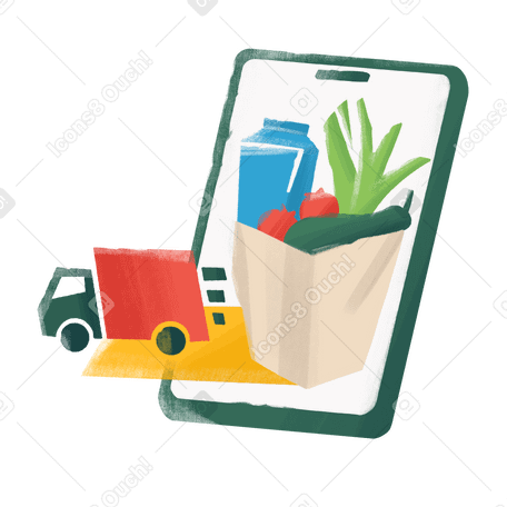 ordering groceries via smartphone and delivery by car to the desired location Illustration in PNG, SVG