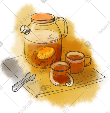 Transparent large teapot with lemon drink and two glass mugs PNG, SVG