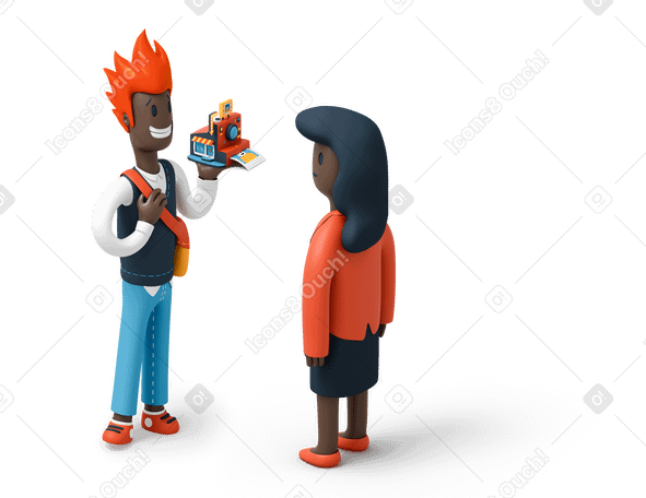 3D Man presenting vintage camera to woman PNG, SVG