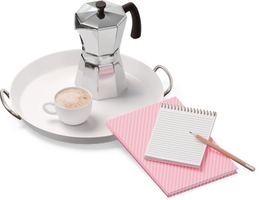 Isometric view of notebooks and tray with cup and moka pot PNG、SVG