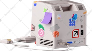 Back view of old computer with stickers PNG, SVG