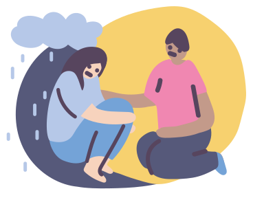 Rain cloud above sad woman sitting against the man lending a helping hand PNG, SVG