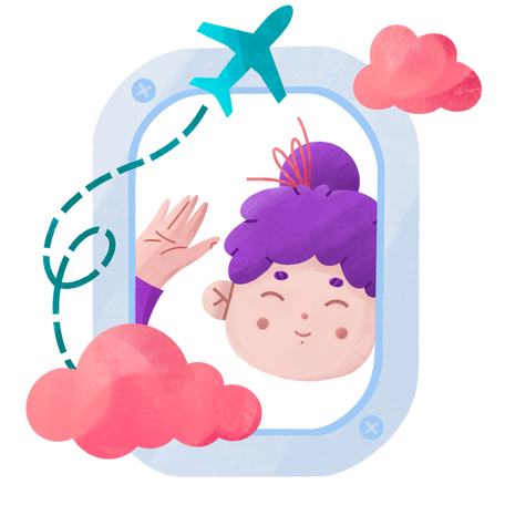 Happy girl waving from the airplane window Illustration in PNG, SVG