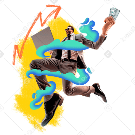 Бизнесмен прыгает в воздух с ноутбуком и деньгами в PNG, SVG