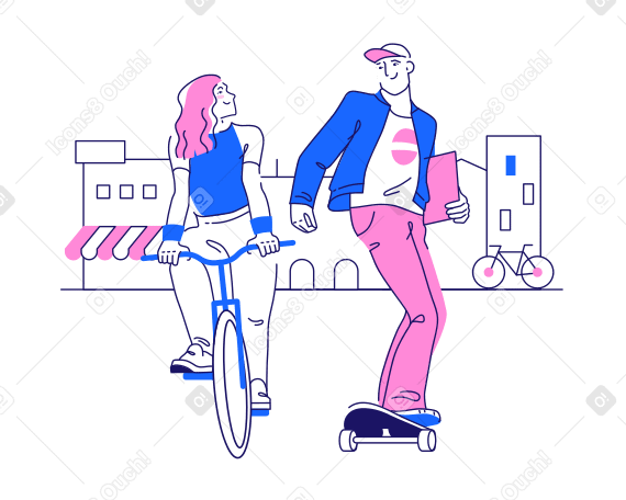 Girl on bicycle and guy on skateboard against backdrop of urban landscape PNG, SVG