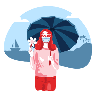 Girl on the beach with umbrella. Wearing medical mask. PNG, SVG
