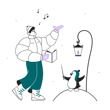 Guy and a penguin singing Christmas carols PNG, SVG