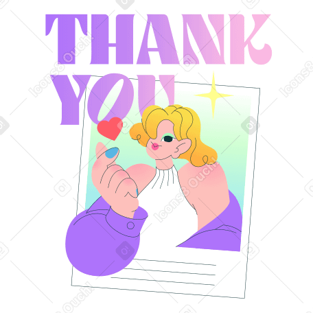 Thank you text with a girl sending a heart PNG, SVG