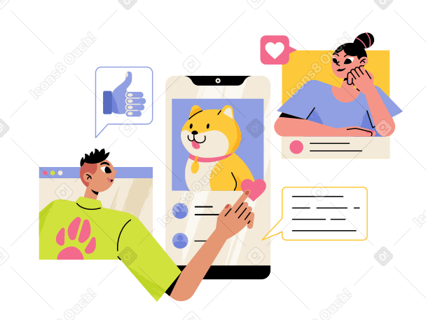 Social media guy and girl leave likes on dog photo Illustration in PNG, SVG