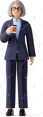 3D old woman in blue blazer with paper coffee cup Illustration in PNG, SVG