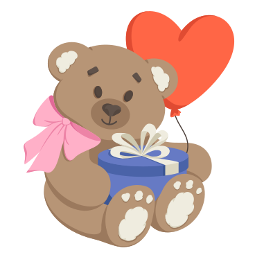 Teddy bear with a gift and a heart balloon PNG, SVG