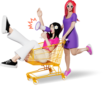Donne con carrello della spesa e altoparlante che scherzano PNG, SVG