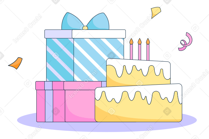 Bolo de aniversário, confetes e presentes PNG, SVG