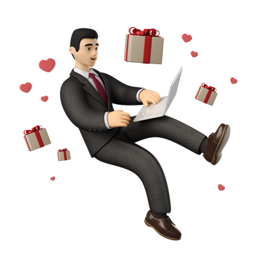 Busnessman with laptop looking for a romantic gift PNG, SVG