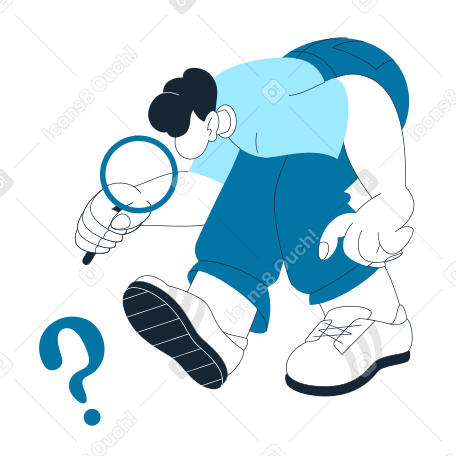 Man with magnifying glass looking for clues to answer the question Illustration in PNG, SVG