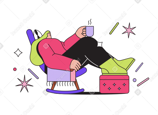 Girl sitting in rocking chair with cup of hot drink Illustration in PNG, SVG