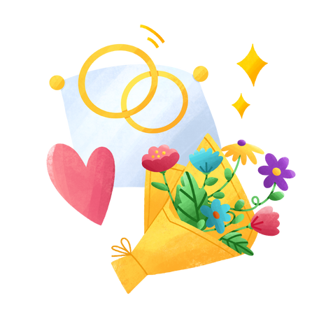wedding day with rings on a pillow and a bouquet of flowers Illustration in PNG, SVG