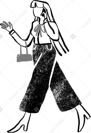 Черно-белая длинноволосая женщина ходит и разговаривает по телефону в PNG, SVG