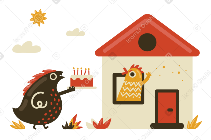 Lizard bringing a house warming cake to chicken PNG, SVG