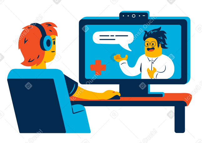 Man communicates with a doctor using a computer online PNG, SVG