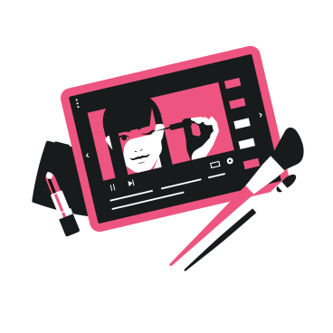 Beauty tutorial on the tablet screen, makeup brushes, lipstick and powder PNG, SVG