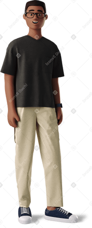 3D Темнокожий мужчина в очках и повседневной одежде стоит в PNG, SVG