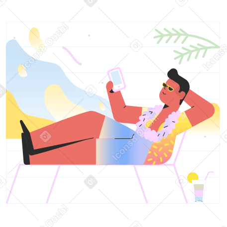 Man chilling on the beach with a cocktail and a smartphone PNG, SVG