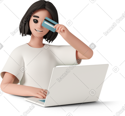 3D young smiling woman with laptop and credit card PNG, SVG