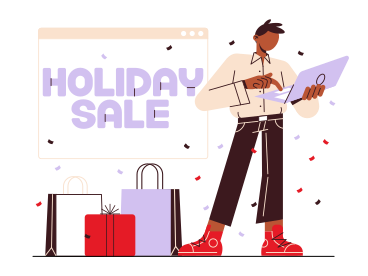 Lettering Holiday Sale with a man shopping online text PNG, SVG