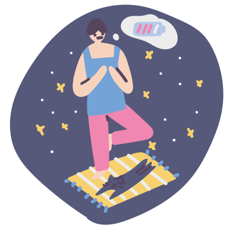 Man and cat doing yoga on a mat in space and feeling the emotional charge Illustration in PNG, SVG