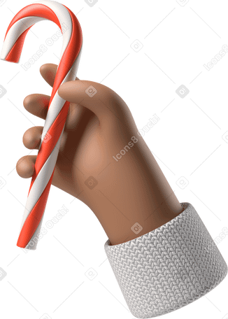 3D Brown skin hand holding a Christmas candy cane PNG, SVG