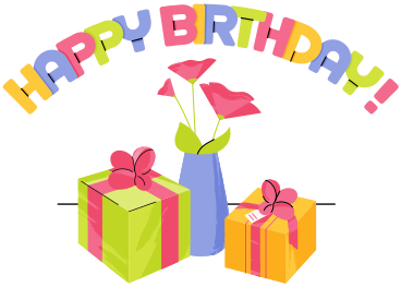 Lettering Happy Birthday with gifts and flower text PNG, SVG