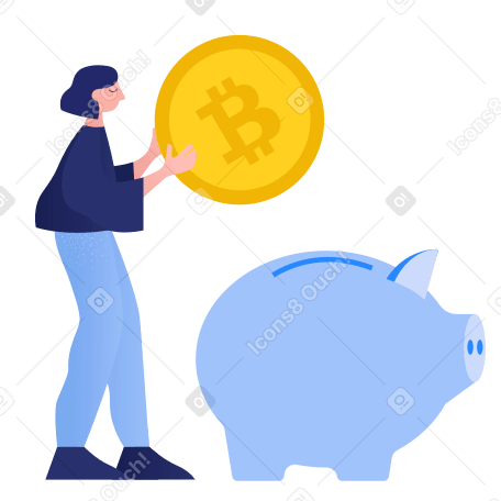 Frau spart bitcoin im sparschwein PNG, SVG