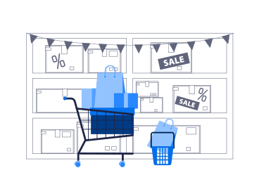 Shopping cart and goods for sale on shelves PNG, SVG