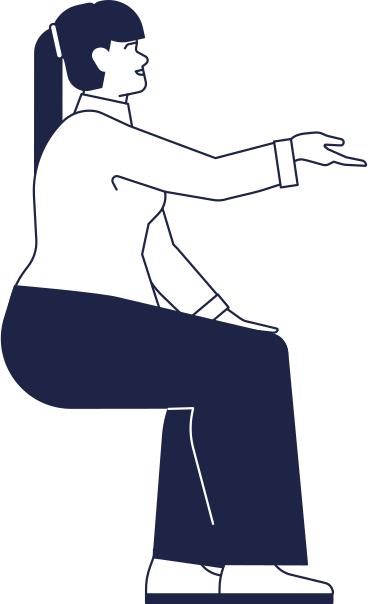 woman in a white shirt sits at a table and raises her hand palm up PNG, SVG