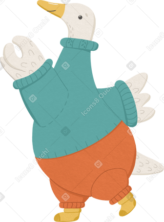 goose is standing in a blue sweater with his hand up PNG, SVG