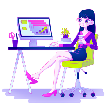 여자는 사무실에서 컴퓨터에서 작동 PNG, SVG
