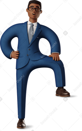 3D black businessman leaning with one leg Illustration in PNG, SVG