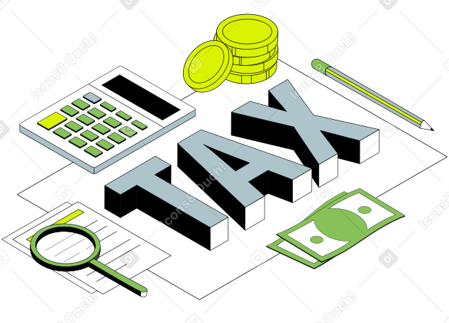 Impuesto de letras con calculadora, lupa y texto de monedas PNG, SVG