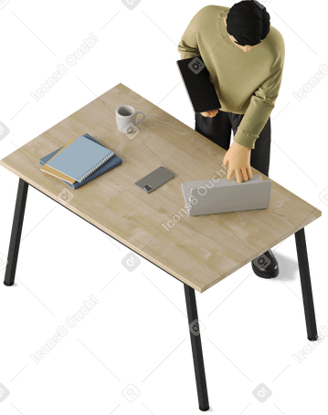 3D young man approaching his desk PNG, SVG