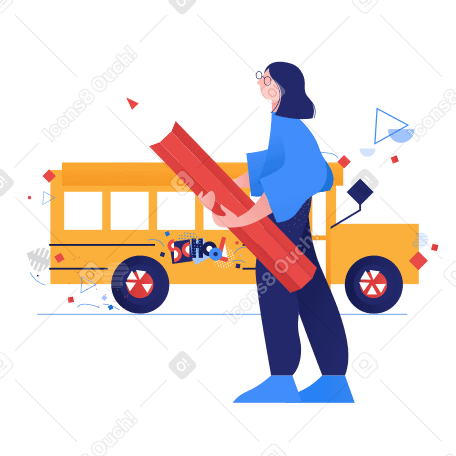 Pupil and school bus Illustration in PNG, SVG