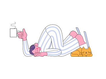 Sleepy man in pyjamas with coffee mug tripped over cat PNG, SVG