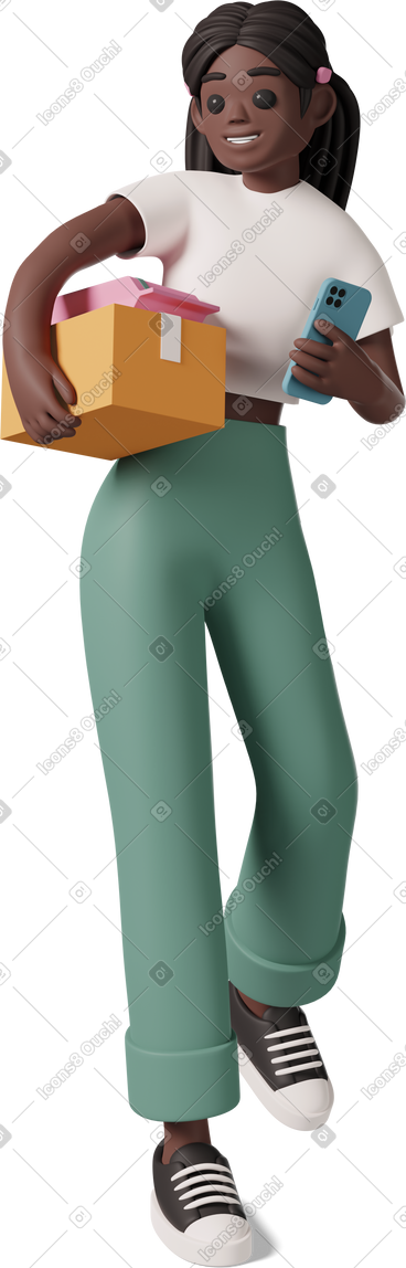 Black girl with phone holding parcels PNG, SVG