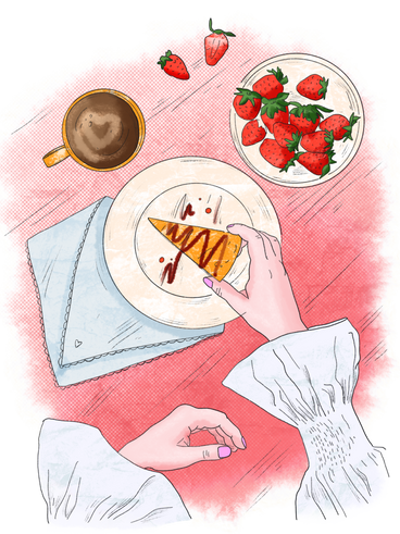 Красивый завтрак с тортом, кофе и свежей клубникой в PNG, SVG